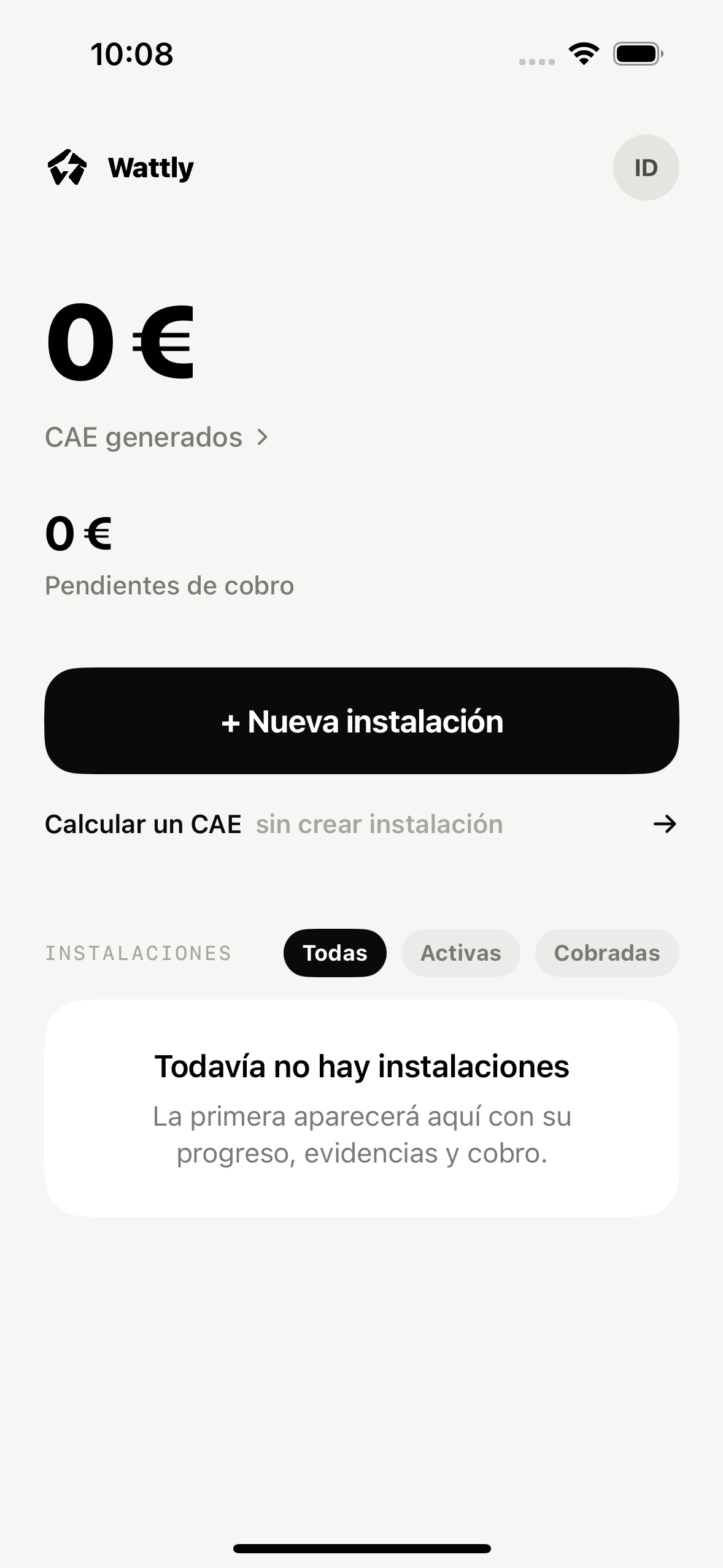 Pantalla principal de Wattly con una nueva instalación